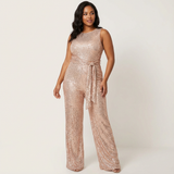 Glamouröser Damen Glitzer-Jumpsuit mit offenem Rücken – Rosa