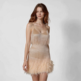 Glamouröses Pailletten-Feder-Cocktailkleid – Rosa/Gelb
