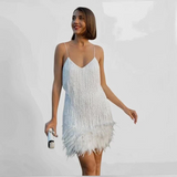 Glamouröses Pailletten-Feder-Cocktailkleid – Weiß