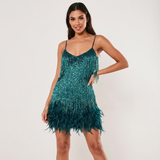 Glamouröses Pailletten-Feder-Cocktailkleid – Türkis