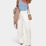 Damen Leinenhose mit Gummibund – luftige Sommerhose mit geradem Bein – Weiß