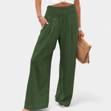 Damen Leinenhose mit Gummibund – luftige Sommerhose mit geradem Bein – Dunkelgrün