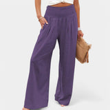 Damen Leinenhose mit Gummibund – luftige Sommerhose mit geradem Bein – Lila