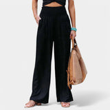 Damen Leinenhose mit Gummibund – luftige Sommerhose mit geradem Bein – Schwarz