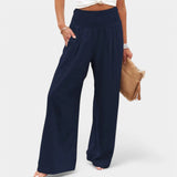 Damen Leinenhose mit Gummibund – luftige Sommerhose mit geradem Bein – Marineblau