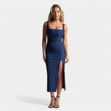 Damen Midikleid Denim-Look mit Schlitz und elegantem Schnitt – Marineblau