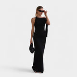 Damen Maxikleid Chiffon elegant Schleifendetail Abendkleid Sommer – Schwarz