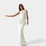 Damen Maxikleid Chiffon elegant Schleifendetail Abendkleid Sommer – Weiß
