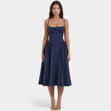 Laurine – Elegantes Midi-Kleid mit Korsett-Detail – Marineblau