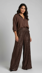Glänzendes Damen-Set mit Bluse und weiter Hose – Braun