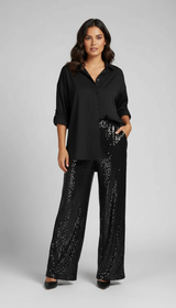 Glänzendes Damen-Set mit Bluse und weiter Hose – Schwarz