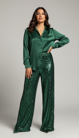Glänzendes Damen-Set mit Bluse und weiter Hose – Grün