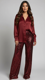 Glänzendes Damen-Set mit Bluse und weiter Hose – Rot