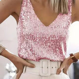 Jennifer - Damen Pailletten V-Ausschnitt ärmelloses Tanktop – Rosa