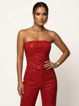 Glitzerndes zweiteiliges Set mit trägerlosem Oberteil und High-Waist-Hose – Rot