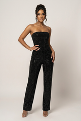 Glitzerndes zweiteiliges Set mit trägerlosem Oberteil und High-Waist-Hose – Schwarz