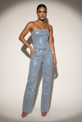 Glitzerndes zweiteiliges Set mit trägerlosem Oberteil und High-Waist-Hose – Denim