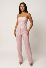 Glitzerndes zweiteiliges Set mit trägerlosem Oberteil und High-Waist-Hose – Rosa