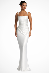 Vivienne | Women Square Neck Ruched Satin Maxi Wedding Guest Dress – Weiß