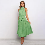 Paula - Elegantes Tupfenkleid mit Neckholder-Ausschnitt – Grün