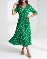 Fabienne - Elegantes Midi Kleid Mit Polka Dot Muster – Grün