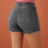 Hochtaillierte Denim-Shorts mit Fransen für Damen | Kyana – Grau