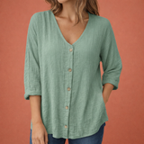 V-Ausschnitt Damen T-Shirt mit Knopfverschluss und Dreiviertelärmeln | Ylena – Grün