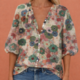 Bedruckte Bluse mit V-Ausschnitt und Knopfverschluss für Damen | Mireya – Grün