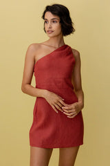 Geneva – One-Shoulder-Minikleid aus Leinen – Rot