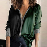 Damenbluse Satin | Eleganter V-Ausschnitt mit Knöpfen – Schwarzgrün