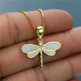 Libelle Halskette aus Gold mit Opal – Weiß
