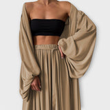 Lumara – Dreiteiliges Loungewear-Set mit Kimono – Beige