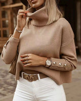 Damen Rollkragenpullover mit Knopf Ärmel | Lässig – Beige