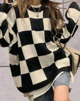 Delilah - damen strickpullover mit karomuster – Schwarz