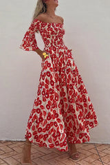 Damen Maxikleid Polyester Blumendruck schickes Sommerkleid – Rot