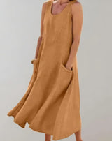 Jolie – Ärmelloses Midikleid aus Baumwollleinen – Braun