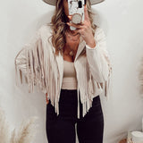 Boho Wildleder‑Fransenjacke – Veganes Suede, Damen West‑Festival Coat – Weiß