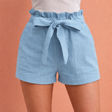 Leinen Damen Shorts mit hoher Taille und Schleifenbund | Zoë – Himmelblau