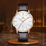 Lederarmband Auto-Datumsuhr für Männer - Ultrathin Quarzwerk, Wasserdicht, Elegantes Design – Rose Gold Weiß