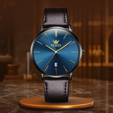 Lederarmband Auto-Datumsuhr für Männer - Ultrathin Quarzwerk, Wasserdicht, Elegantes Design – Kaffee Blau