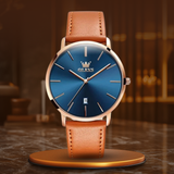 Lederarmband Auto-Datumsuhr für Männer - Ultrathin Quarzwerk, Wasserdicht, Elegantes Design – Blau Braun