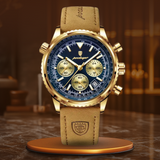 Fadenburg Luxus-Chronographenuhr Mit Lederarmband, Wasserdicht & Präzisionsquarzwerk – Gold Blau