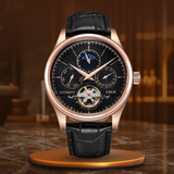 Mechanische Automatikuhr Mit Tourbillonwerk, Militär-Inspiriert, Echtes Lederarmband, Wasserdicht – Gold Schwarz