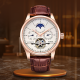 Mechanische Automatikuhr Mit Tourbillonwerk, Militär-Inspiriert, Echtes Lederarmband, Wasserdicht – Gold Weiß