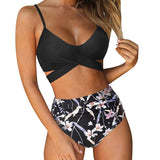 Bella | Hochtaillierter, farbenfroher Damen-Bikini – Schwarzes Oberteil - geblümter Slip