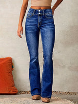 Hoch taillierte Flared Jeans mit Retro-Charme – Dunkelblau