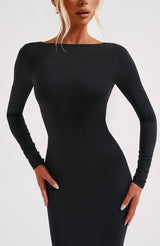 Rückenfreies Satinkleid – Elegantes Maxikleid Abendkleid, glatte Satin‑Optik – Schwarz