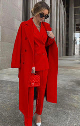 Ofelya - Elegantes Zweireiher Anzugset Mit langem Mantel – Rot
