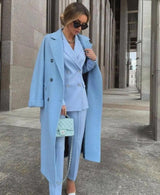 Ofelya - Elegantes Zweireiher Anzugset Mit langem Mantel – Hellblau