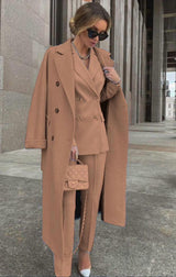 Ofelya - Elegantes Zweireiher Anzugset Mit langem Mantel – Khaki